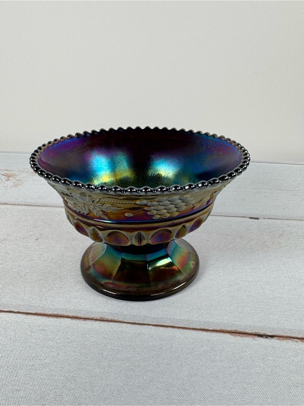 Antique Northwood Amethyst Carnival Glass Grape and Cable Pedestal Compote Bowl